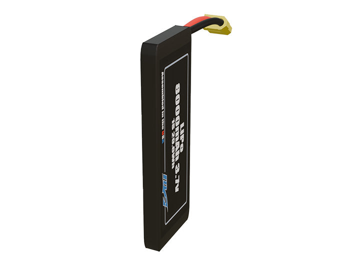 Side-angle render of a 3.7-volt 8000mAh lite lithium-polymer battery, assembled in the USA for compact UAV, drone, and military robotics platforms.