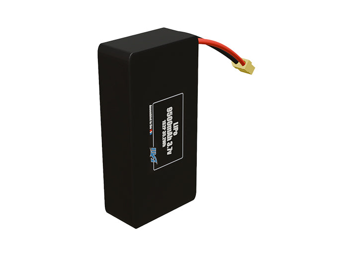 Side-angle render of a 3.7-volt 9500mAh lithium-polymer battery, assembled in the USA for compact UAV, drone, and military robotics platforms.