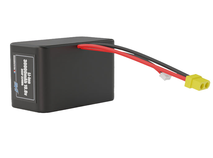 Angled product render of the 30000mAh 18-cell Lithium-ion pack. A lightweight energy source for UAV, drone, and robotic builds.