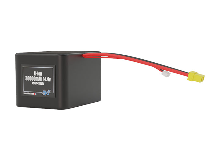 Angled product render of the 30000mAh 24-cell Lithium-ion pack. A lightweight energy source for UAV, drone, and robotic builds.