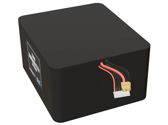 Angled product render of the 30000mAh 42-cell Lithium-ion pack. A lightweight energy source for UAV, drone, and robotic builds.