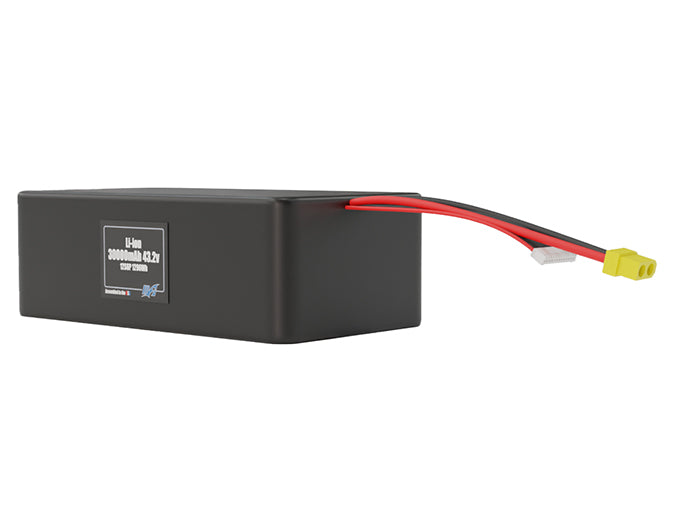 Angled product render of the 30000mAh 72-cell Lithium-ion pack. A lightweight energy source for UAV, drone, and robotic builds.