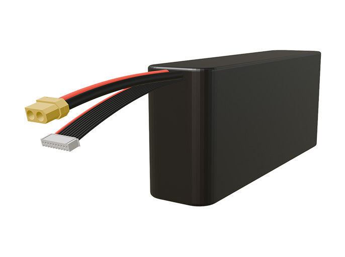 Side-angle render of a 32.4-volt 12000mAh lithium-ion battery, assembled in the USA for compact UAV, drone, and military robotics platforms.