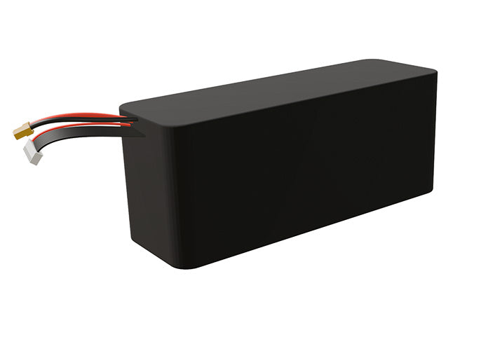 Side-angle render of a 32.4-volt 13500mAh lithium-ion battery, assembled in the USA for compact UAV, drone, and military robotics platforms.