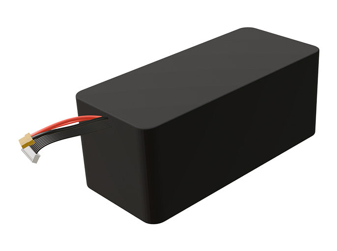 Side-angle render of a 32.4-volt 14000mAh lithium-ion battery, assembled in the USA for compact UAV, drone, and military robotics platforms.