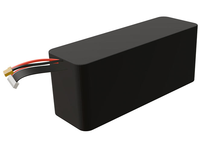 Side-angle render of a 32.4-volt 15000mAh lithium-ion battery, assembled in the USA for compact UAV, drone, and military robotics platforms.