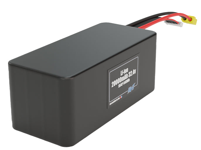 Side-angle render of a 32.4-volt 20000mAh lithium-ion battery, assembled in the USA for compact UAV, drone, and military robotics platforms.