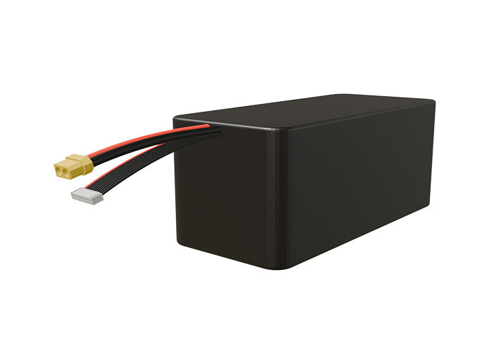 Side-angle render of a 32.4-volt 24000mAh lithium-ion battery, assembled in the USA for compact UAV, drone, and military robotics platforms.