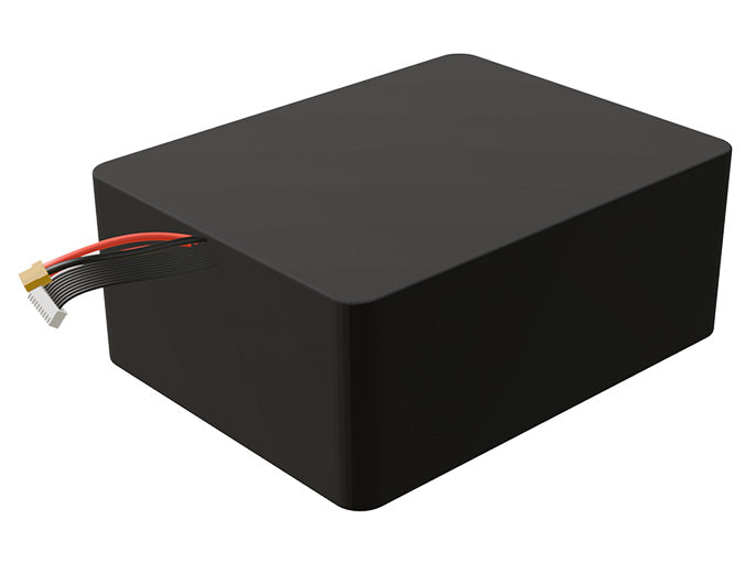 Side-angle render of a 32.4-volt 35000mAh lithium-ion battery, assembled in the USA for compact UAV, drone, and military robotics platforms.