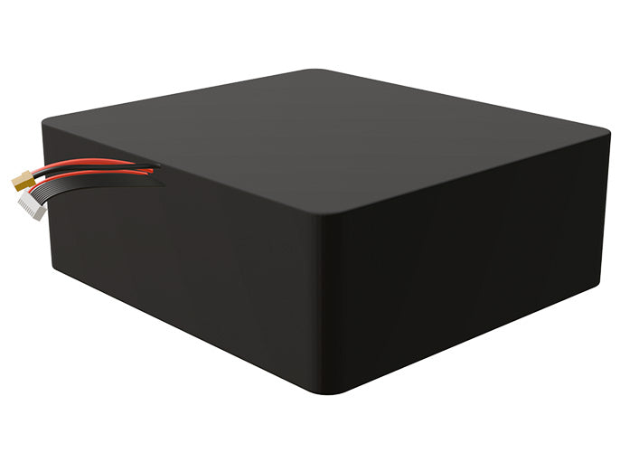 Side-angle render of a 32.4-volt 50000mAh lithium-ion battery, assembled in the USA for compact UAV, drone, and military robotics platforms.