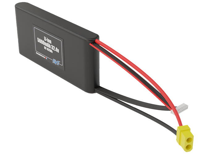 Side-angle render of a 32.4-volt 5000mAh lithium-ion battery, assembled in the USA for compact UAV, drone, and military robotics platforms.