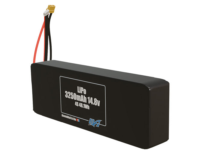 Angled product render of the 3250mAh 4-cell LiPo pack. A lightweight energy source for UAV, drone, and robotic builds.