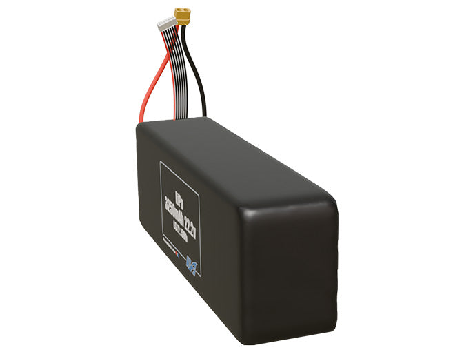 Angled product render of the 3250mAh 6-cell LiPo pack. A lightweight energy source for UAV, drone, and robotic builds.