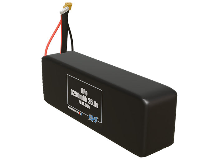 Angled product render of the 3250mAh 7-cell LiPo pack. A lightweight energy source for UAV, drone, and robotic builds.