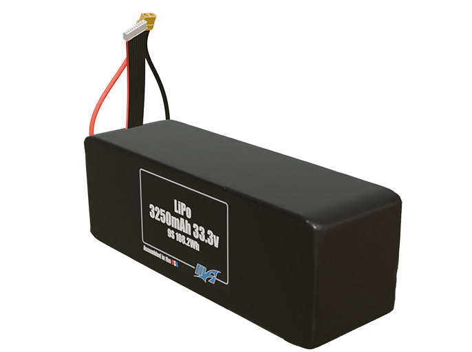 Angled product render of the 3250mAh 9-cell LiPo pack. A lightweight energy source for UAV, drone, and robotic builds.