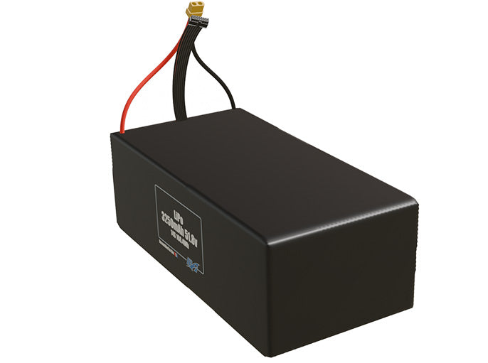 Angled product render of the 3250mAh 14-cell LiPo pack. A lightweight energy source for UAV, drone, and robotic builds.