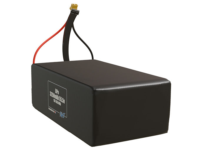 Angled product render of the 3250mAh 15-cell LiPo pack. A lightweight energy source for UAV, drone, and robotic builds.