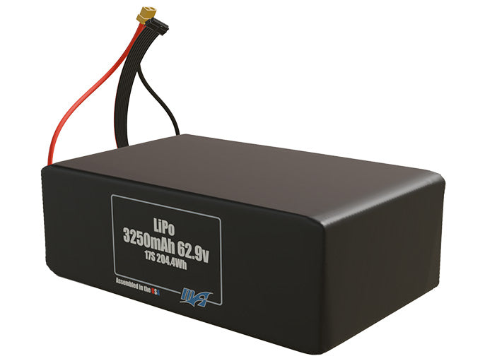 Angled product render of the 3250mAh 17-cell LiPo pack. A lightweight energy source for UAV, drone, and robotic builds