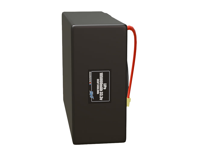 Side-angle render of a 33.3-volt 105000mAh lithium-polymer battery, assembled in the USA for compact UAV, drone, and military robotics platforms.