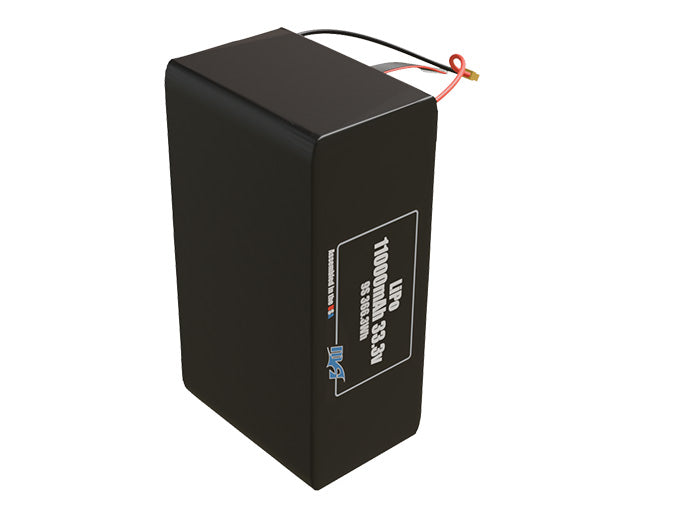 Side-angle render of a 33.3-volt 11000mAh lithium-polymer battery, assembled in the USA for compact UAV, drone, and military robotics platforms.