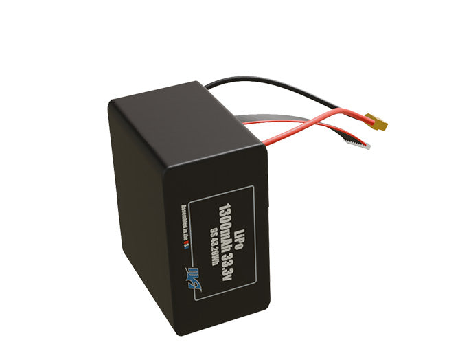 Side-angle render of a 33.3-volt 1300mAh lithium-polymer battery, assembled in the USA for compact UAV, drone, and military robotics platforms.