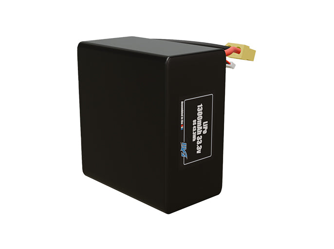 Side-angle render of a 33.3-volt 1300mAh lithium-polymer battery, assembled in the USA for compact UAV, drone, and military robotics platforms.