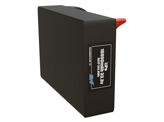 Side-angle render of a 33.3-volt 16000mAh lithium-polymer battery, assembled in the USA for compact UAV, drone, and military robotics platforms.