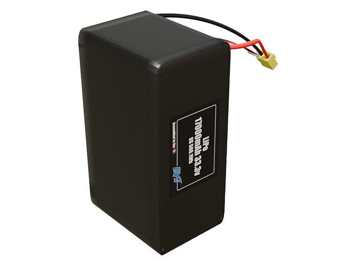 Side-angle render of a 33.3-volt 17000mAh lithium-polymer battery, assembled in the USA for compact UAV, drone, and military robotics platforms.