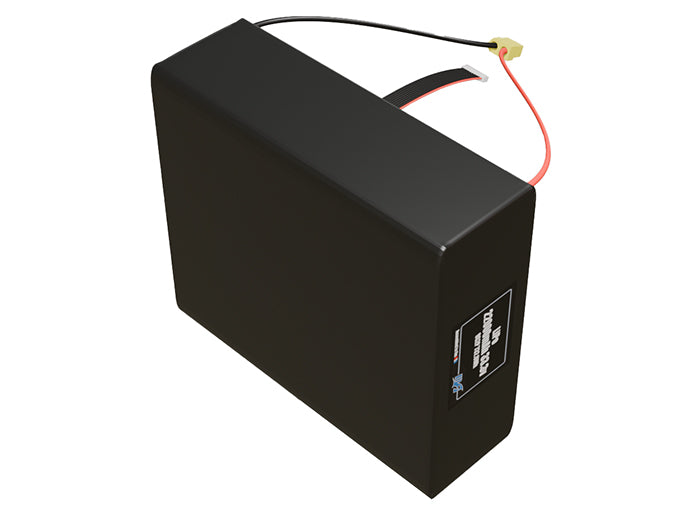 Side-angle render of a 33.3-volt 22000mAh lithium-polymer battery, assembled in the USA for compact UAV, drone, and military robotics platforms.
