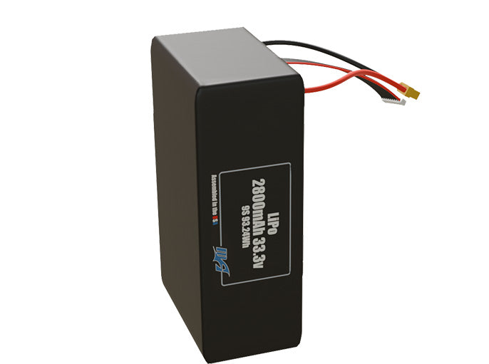 Side-angle render of a 33.3-volt 2800mAh lithium-polymer battery, assembled in the USA for compact UAV, drone, and military robotics platforms.