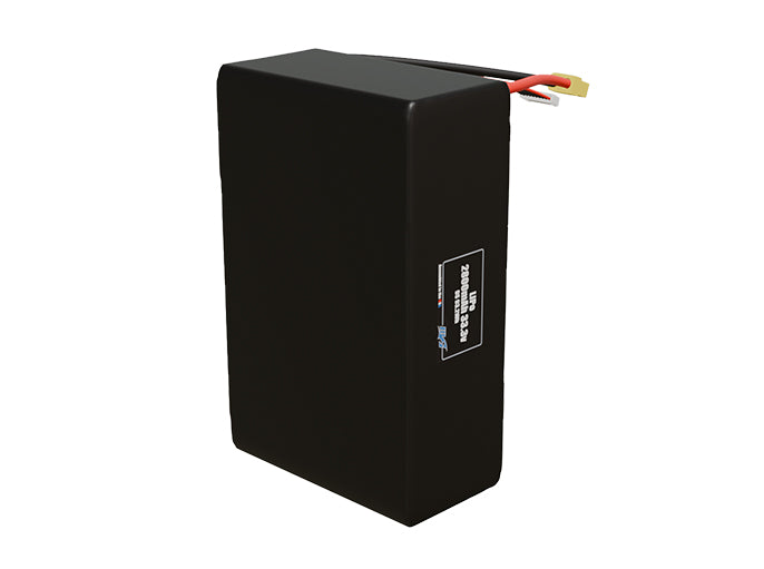 Side-angle render of a 33.3-volt 2800mAh lithium-polymer battery, assembled in the USA for compact UAV, drone, and military robotics platforms.