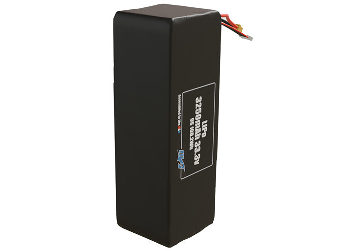 Side-angle render of a 33.3-volt 3250mAh lithium-polymer battery, assembled in the USA for compact UAV, drone, and military robotics platforms.