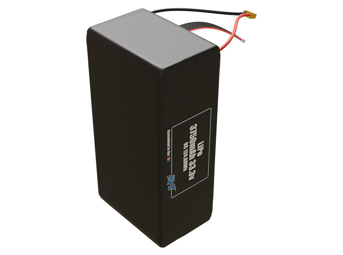 Side-angle render of a 33.3-volt 3750mAh lithium-polymer battery, assembled in the USA for compact UAV, drone, and military robotics platforms.