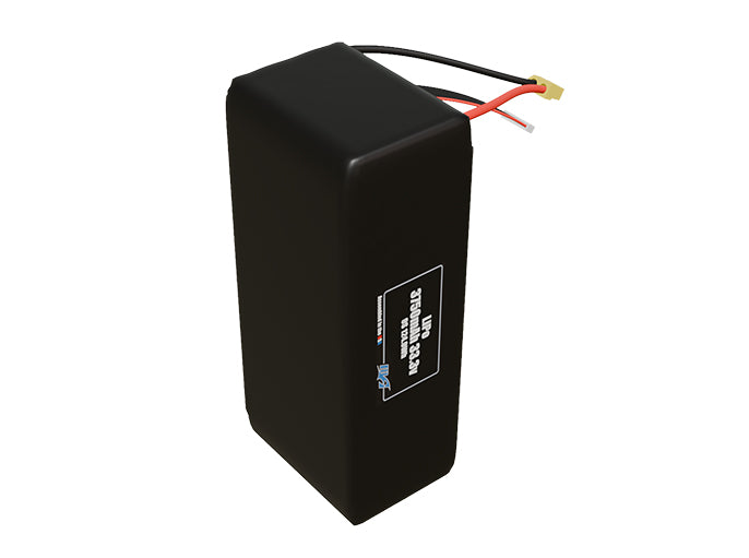 Side-angle render of a 33.3-volt 3750mAh lithium-polymer battery, assembled in the USA for compact UAV, drone, and military robotics platforms.