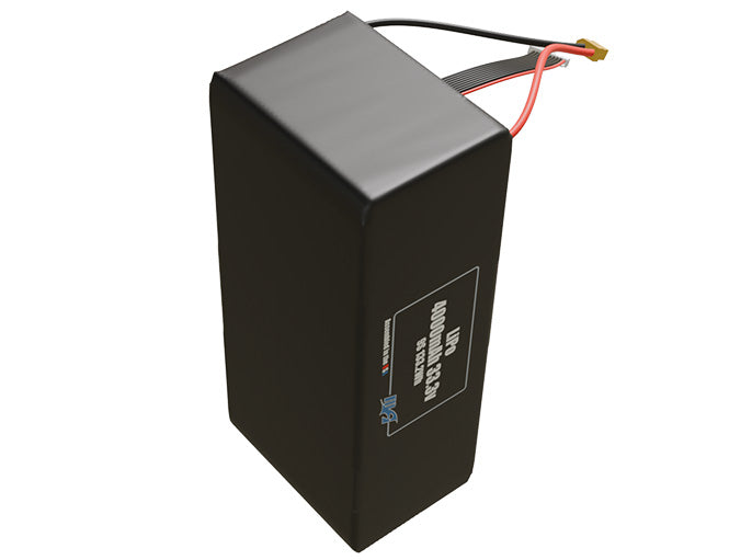 Side-angle render of a 33.3-volt 4000mAh lithium-polymer battery, assembled in the USA for compact UAV, drone, and military robotics platforms.