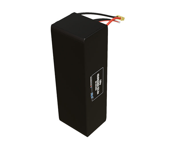 Side-angle render of a 33.3-volt 4500mAh lithium-polymer battery, assembled in the USA for compact UAV, drone, and military robotics platforms.