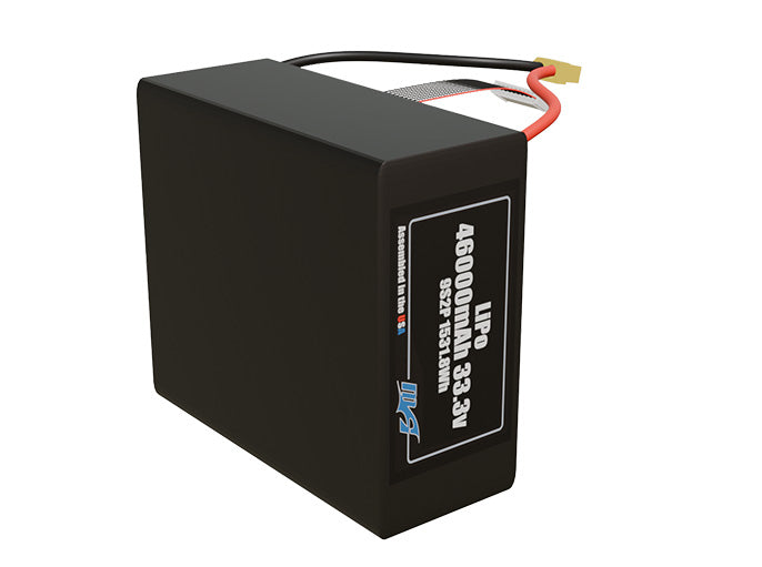 Side-angle render of a 33.3-volt 46000mAh lithium-polymer battery, assembled in the USA for compact UAV, drone, and military robotics platforms.