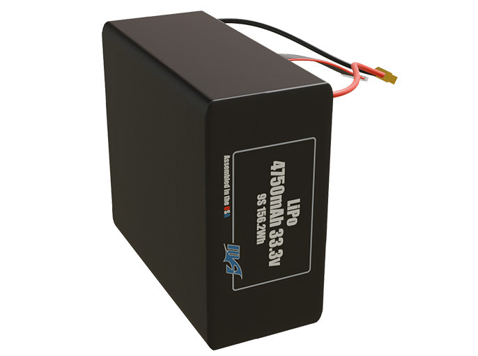 Side-angle render of a 33.3-volt 4750mAh lithium-polymer battery, assembled in the USA for compact UAV, drone, and military robotics platforms.