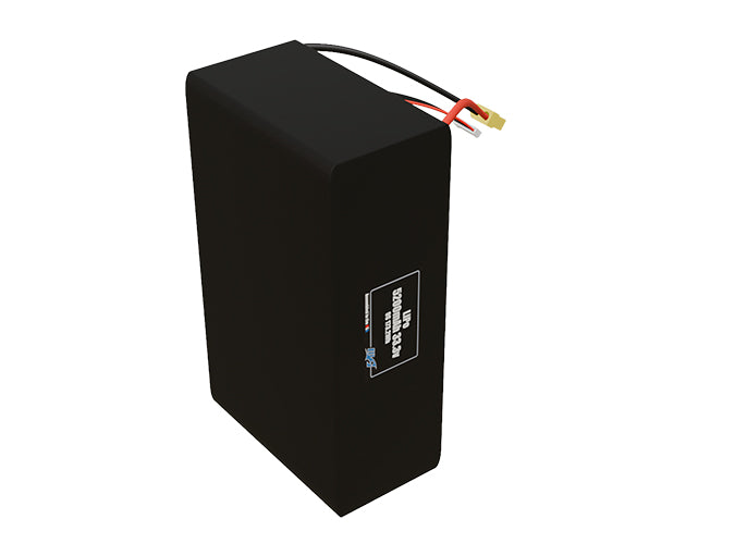 Side-angle render of a 33.3-volt 5200mAh lithium-polymer battery, assembled in the USA for compact UAV, drone, and military robotics platforms.