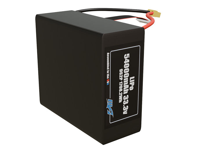 Side-angle render of a 33.3-volt 54000mAh lithium-polymer battery, assembled in the USA for compact UAV, drone, and military robotics platforms.