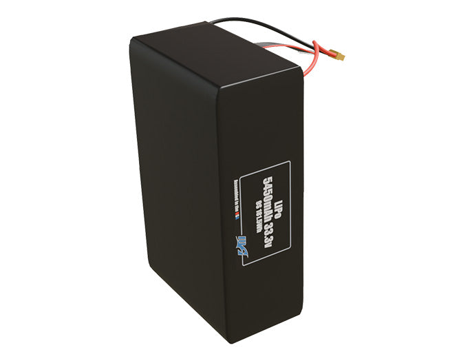 Side-angle render of a 33.3-volt 5450mAh lithium-polymer battery, assembled in the USA for compact UAV, drone, and military robotics platforms.