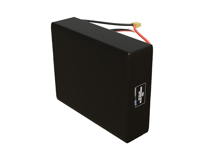Side-angle render of a 33.3-volt 5600mAh lithium-polymer battery, assembled in the USA for compact UAV, drone, and military robotics platforms.