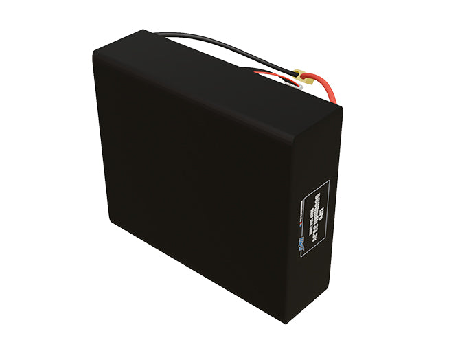Side-angle render of a 33.3-volt 5600mAh lithium-polymer battery, assembled in the USA for compact UAV, drone, and military robotics platforms.