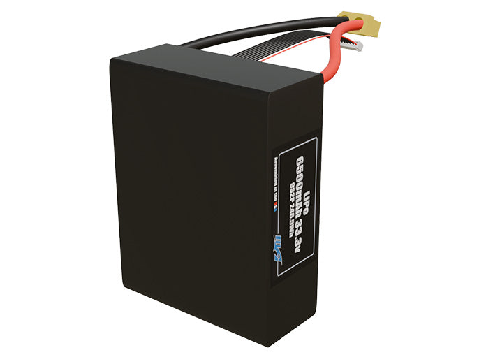 Side-angle render of a 33.3-volt 6500mAh lithium-polymer battery, assembled in the USA for compact UAV, drone, and military robotics platforms.