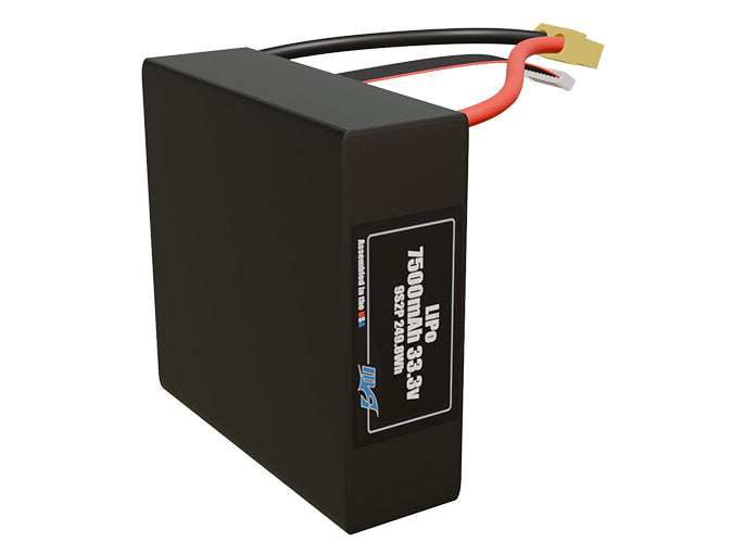 Side-angle render of a 33.3-volt 7500mAh lithium-polymer battery, assembled in the USA for compact UAV, drone, and military robotics platforms.