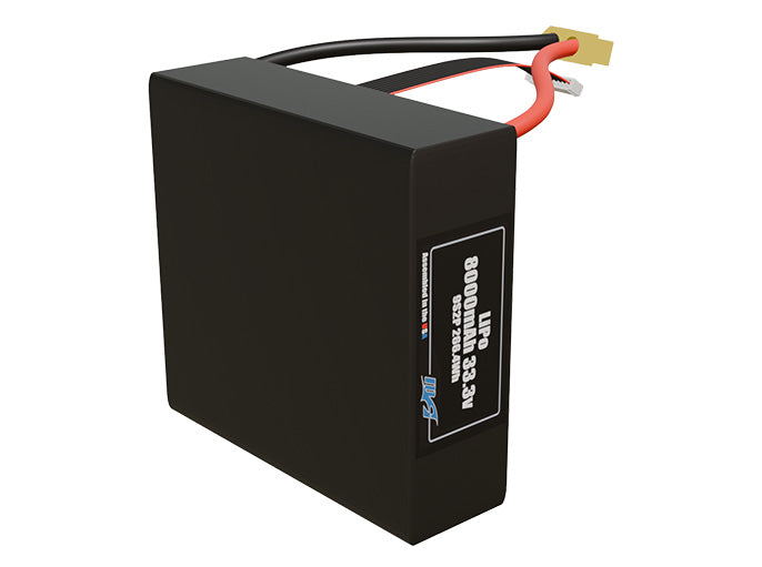 Side-angle render of a 33.3-volt 8000mAh lithium-polymer battery, assembled in the USA for compact UAV, drone, and military robotics platforms.