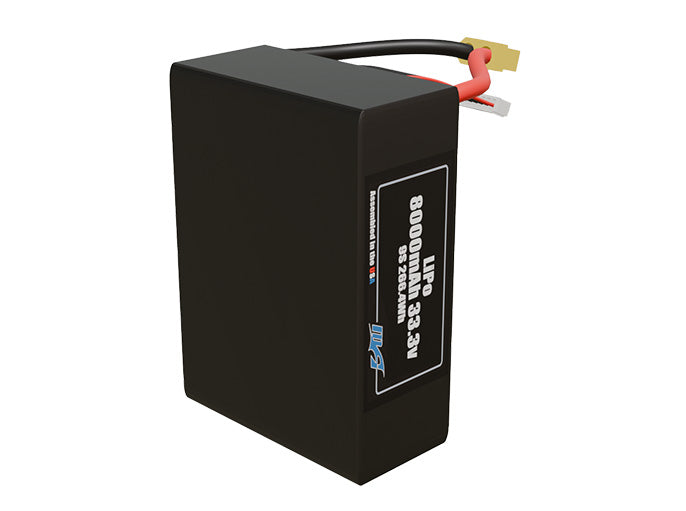 Side-angle render of a 33.3-volt 8000mAh lite lithium-polymer battery, assembled in the USA for compact UAV, drone, and military robotics platforms.