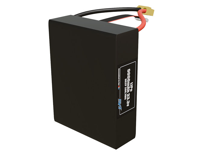 Side-angle render of a 33.3-volt 9000mAh lithium-polymer battery, assembled in the USA for compact UAV, drone, and military robotics platforms.