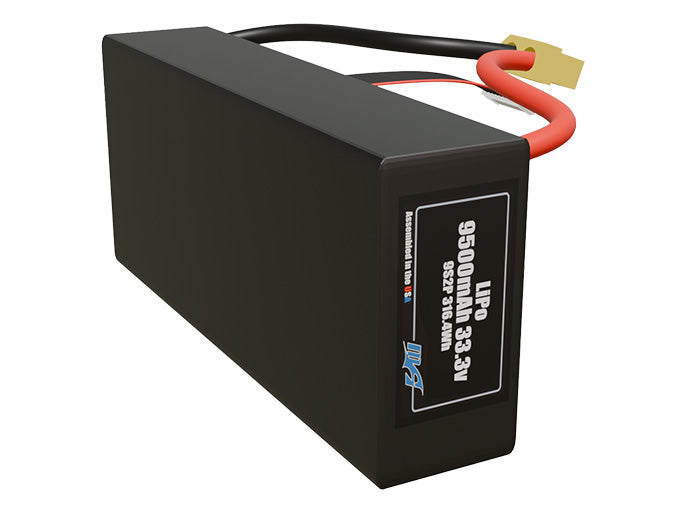 Side-angle render of a 33.3-volt 9500mAh lithium-polymer battery, assembled in the USA for compact UAV, drone, and military robotics platforms.