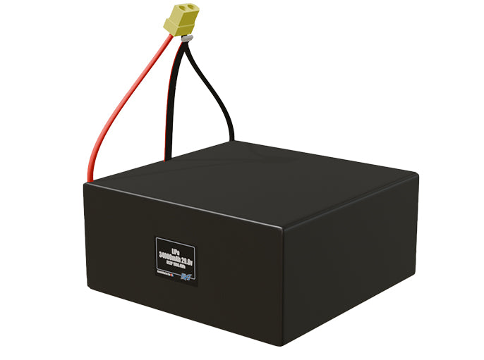 Angled product render of the 34000mAh 16-cell LiPo pack. A lightweight energy source for UAV, drone, and robotic builds.